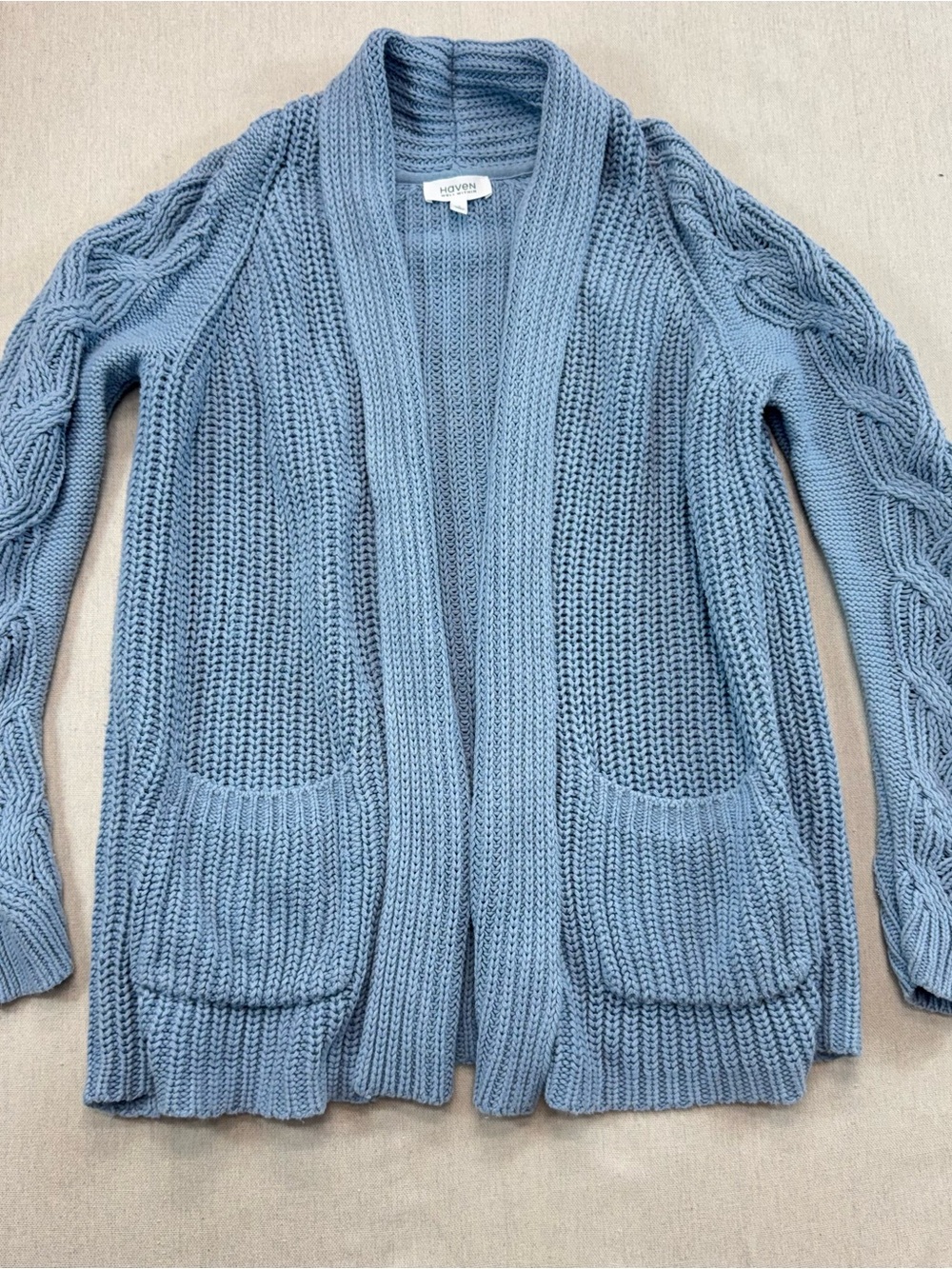 Haven Well Within Blue Cable Knit Open Cardigan Sweater Pockets Womens Small